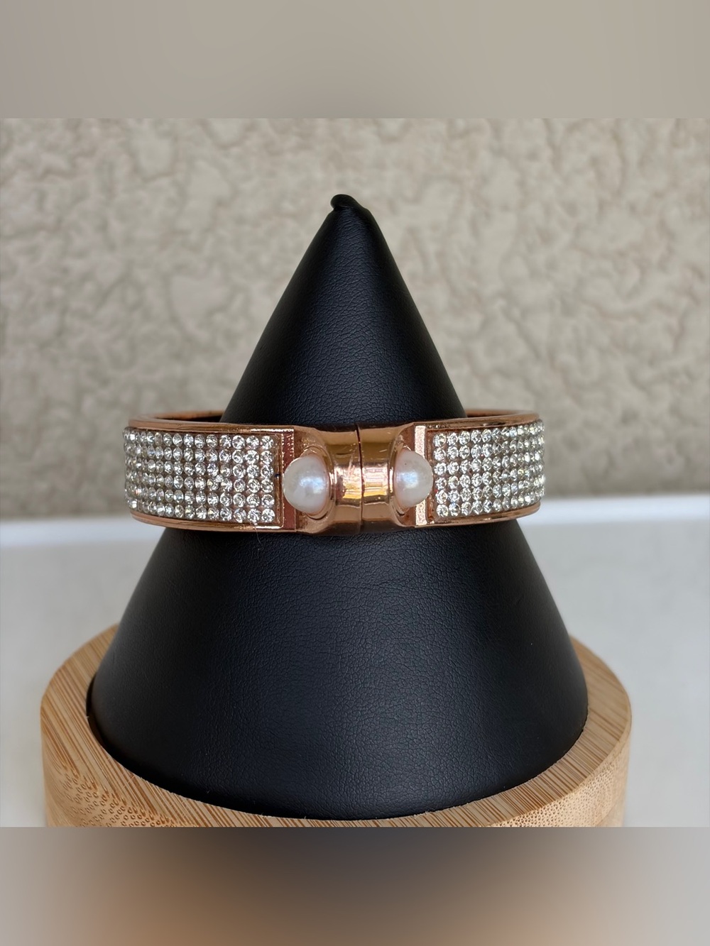 Rose Gold Crystal & Pearl Accent Bangle Bracelet